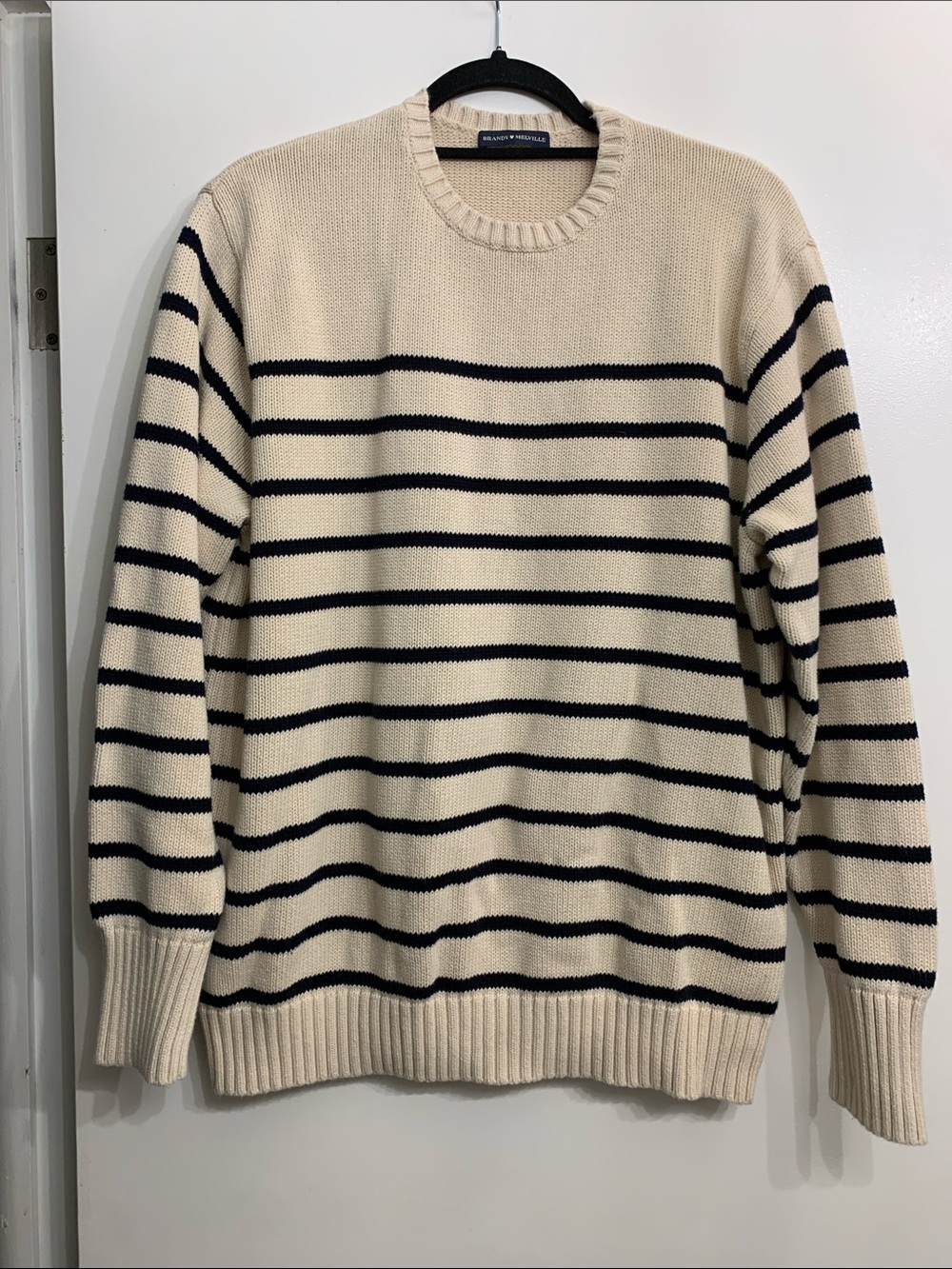 Brandy Melville Oversized Cream and Navy Striped Crewneck Sweater